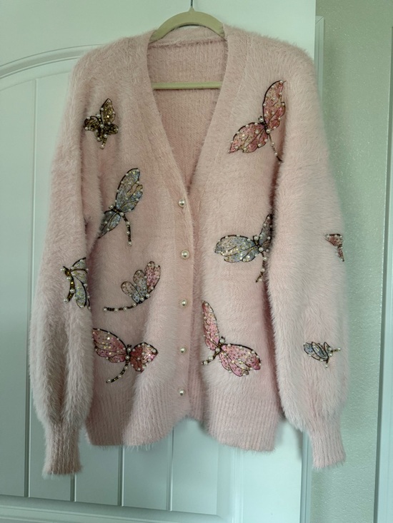 Sweaters - Hand Embroidered Sequin Pink Embellished Butterfly Fuzzy Cardigan Sweater NWOT